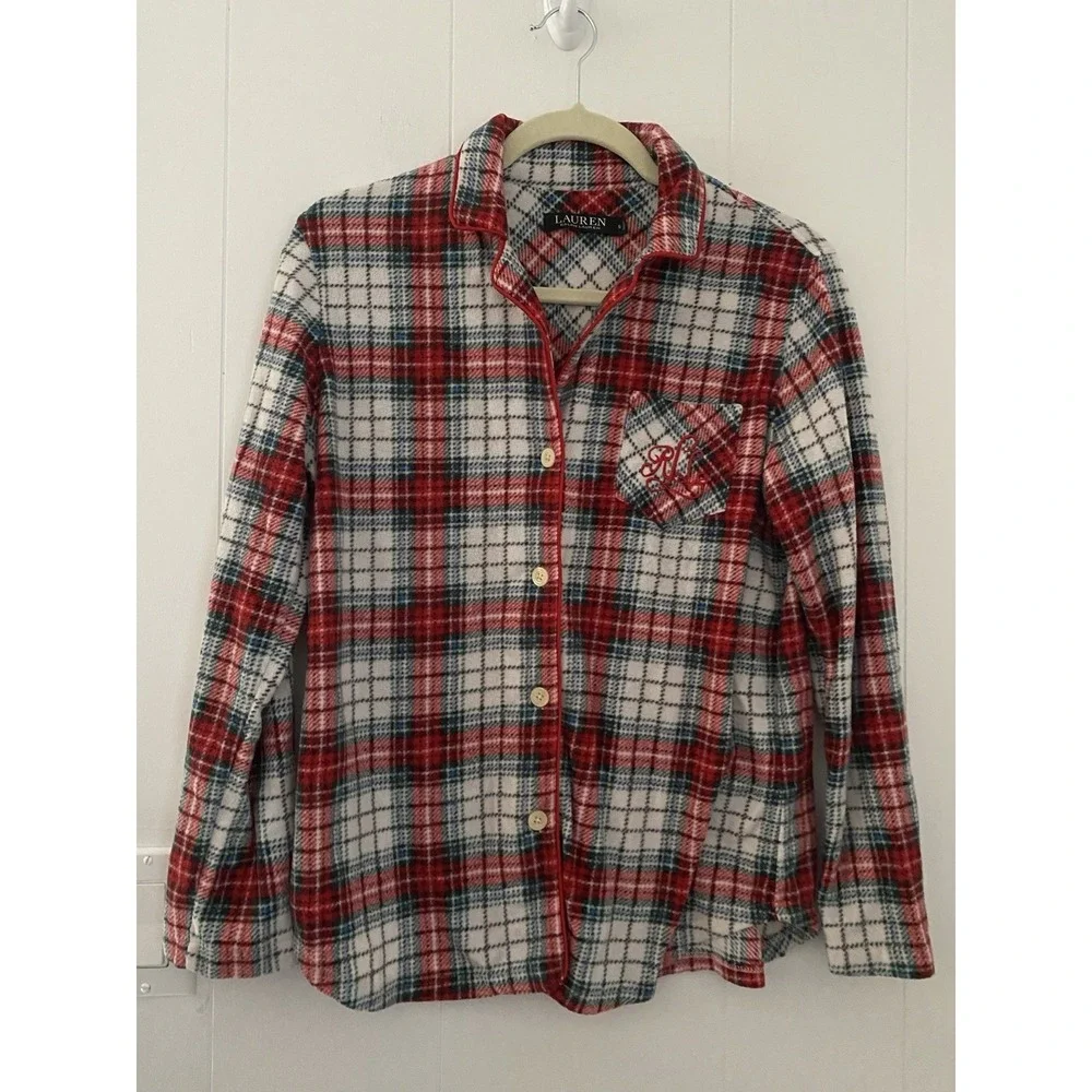 Lauren Ralph Lauren Plaid Fleece Pajama‎ Set Women's XS Red/Blue/White Cozy